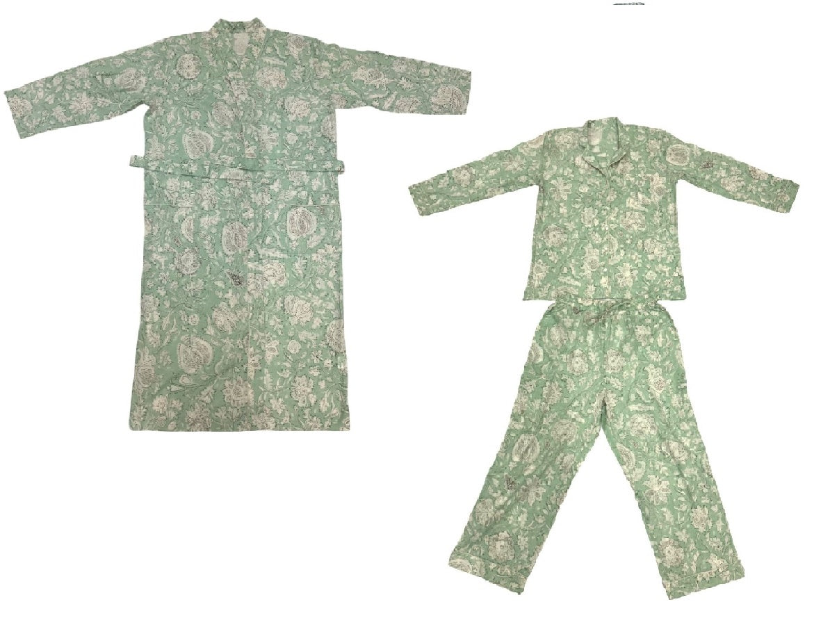 Quality Cotton Kimono & Pyjama Set in Sage & White Printed Pattern