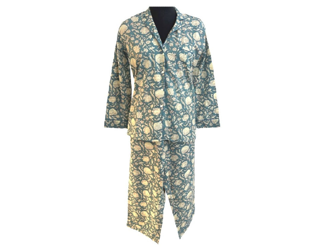 Quality Cotton Pyjamas in Blue Steel Block Print