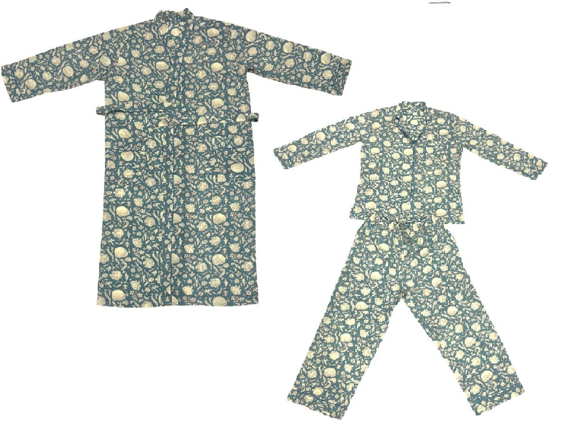 Quality Cotton Kimono & Pyjama Set in Blue Steel Block Print
