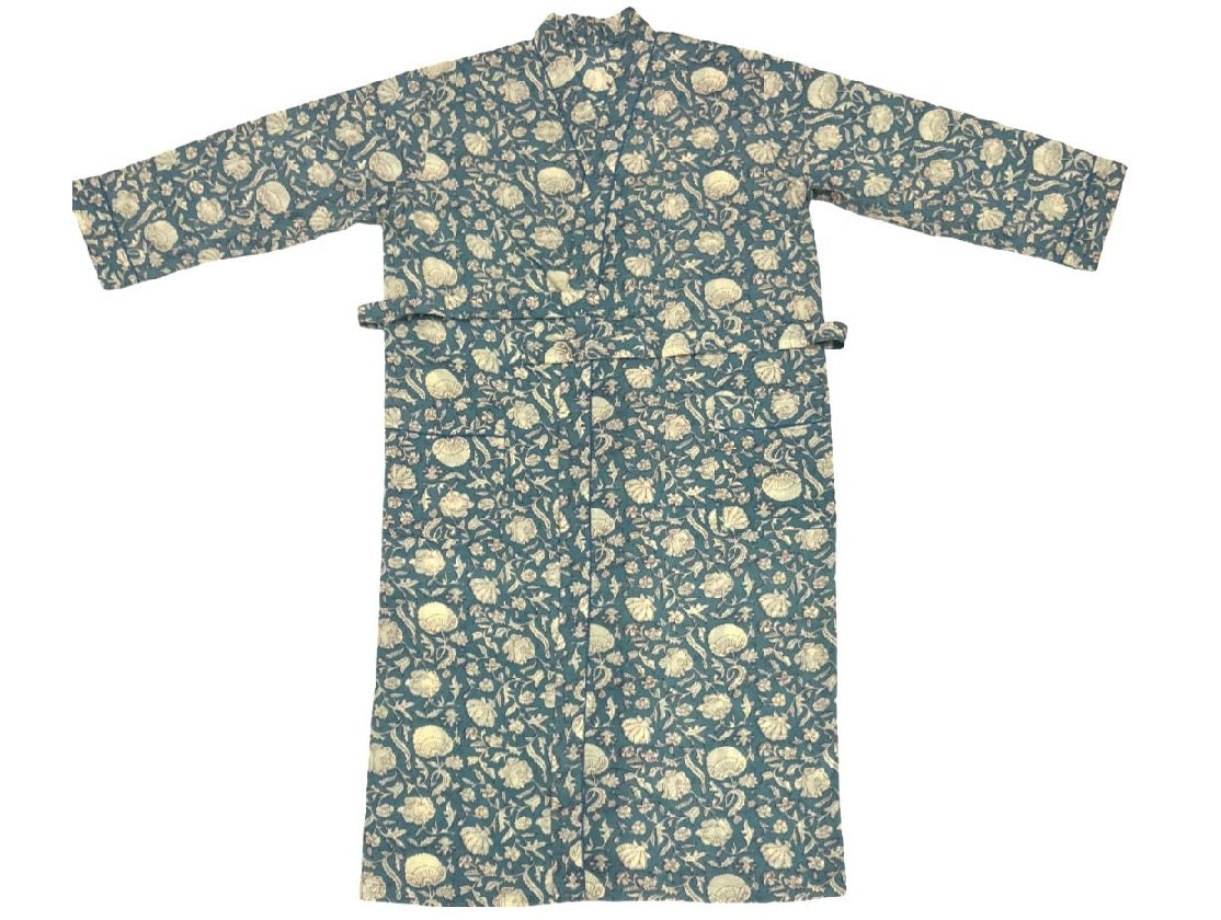 Quality Cotton Kimono in Blue Steel Block Print
