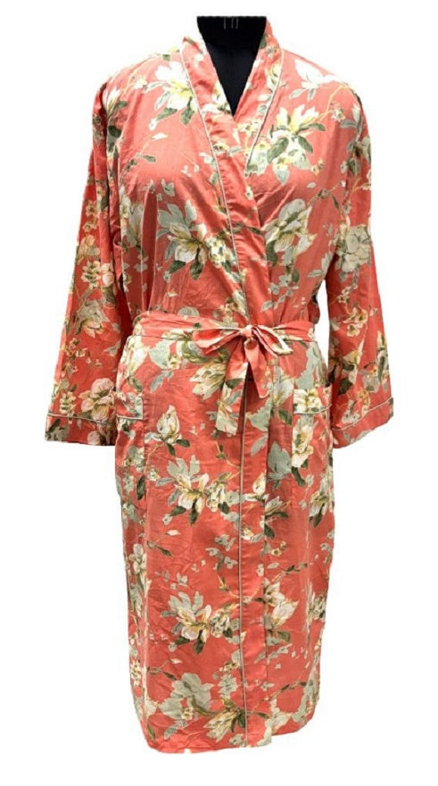 Quality Cotton Kimono in Tangerine with Floral Block Print