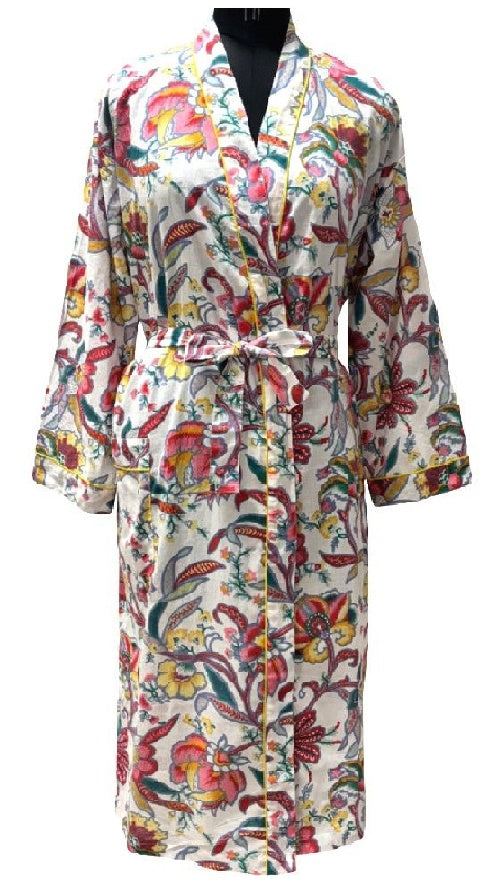 Quality Cotton Kimono in White with Multi-Colour Florals