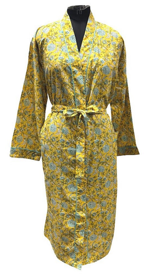 Quality Cotton Kimono in Yellow with Floral Block Print