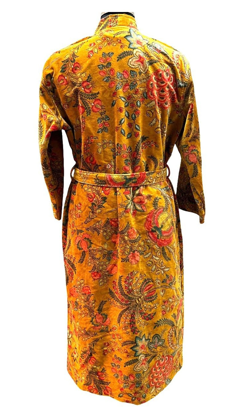 Luxurious Ochre Floral Velvet Kimono Robe
