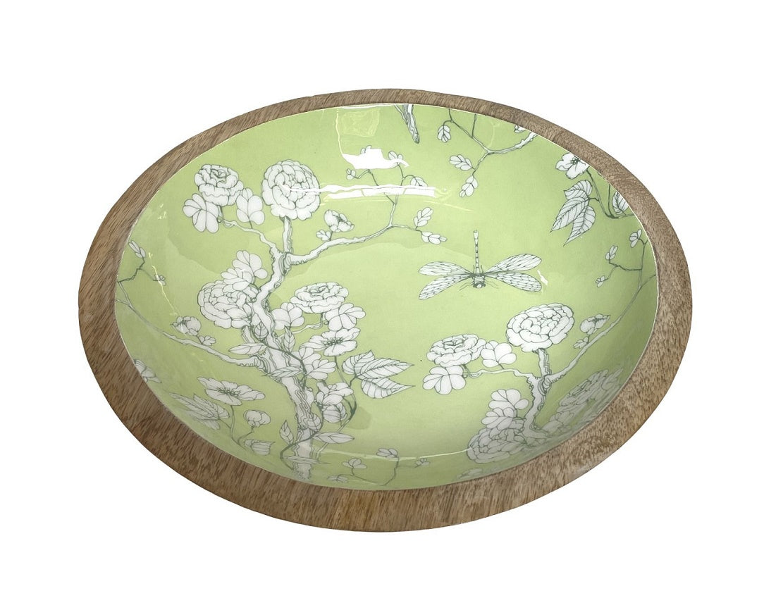 Wooden salad bowl with green floral design