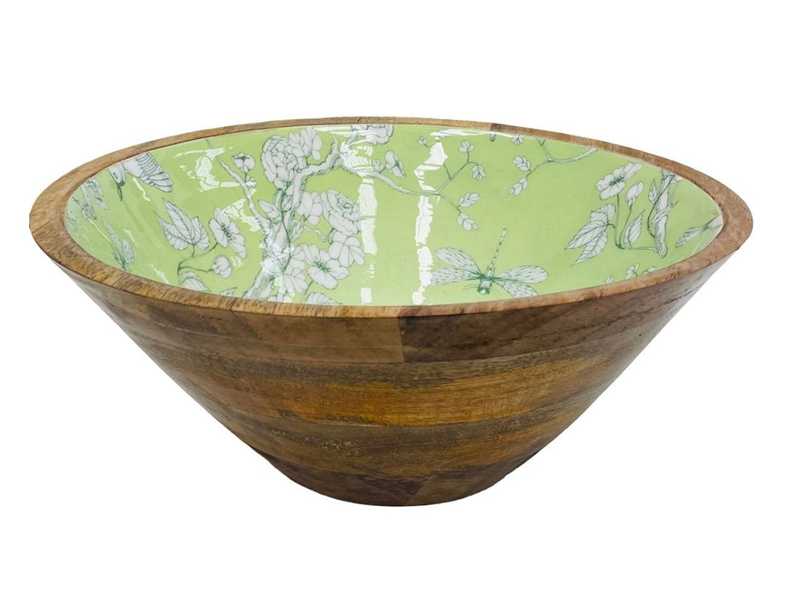 Wooden bowl with green floral design