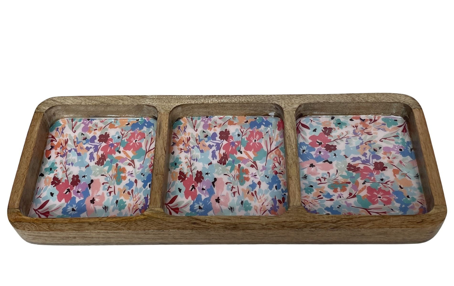 Wooden triple serving bowl with floral design