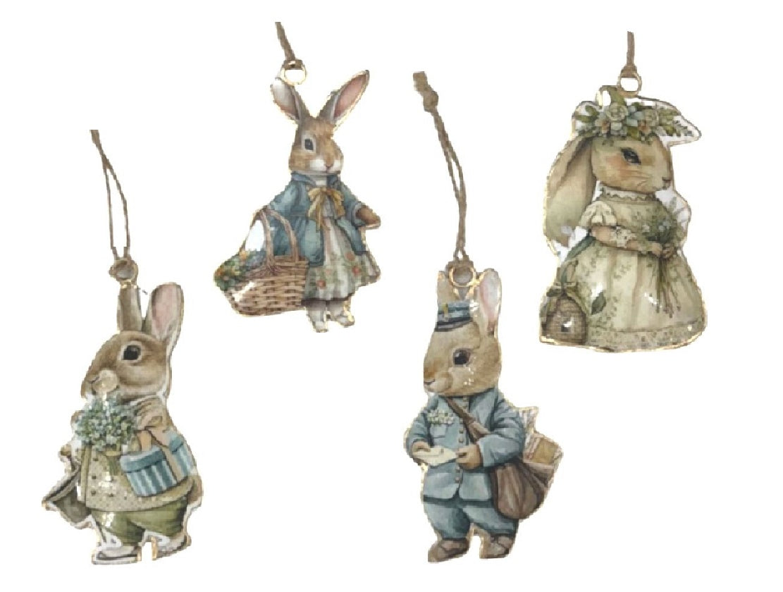 Set of 4 Hanging Clothed Rabbits