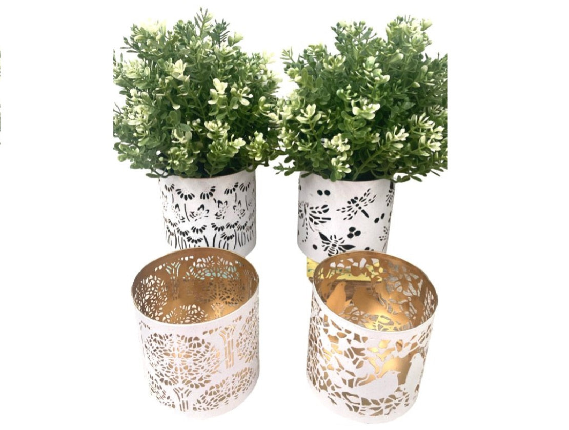 Set of 4 Cutout Design White Candle Holders with Gold Lining