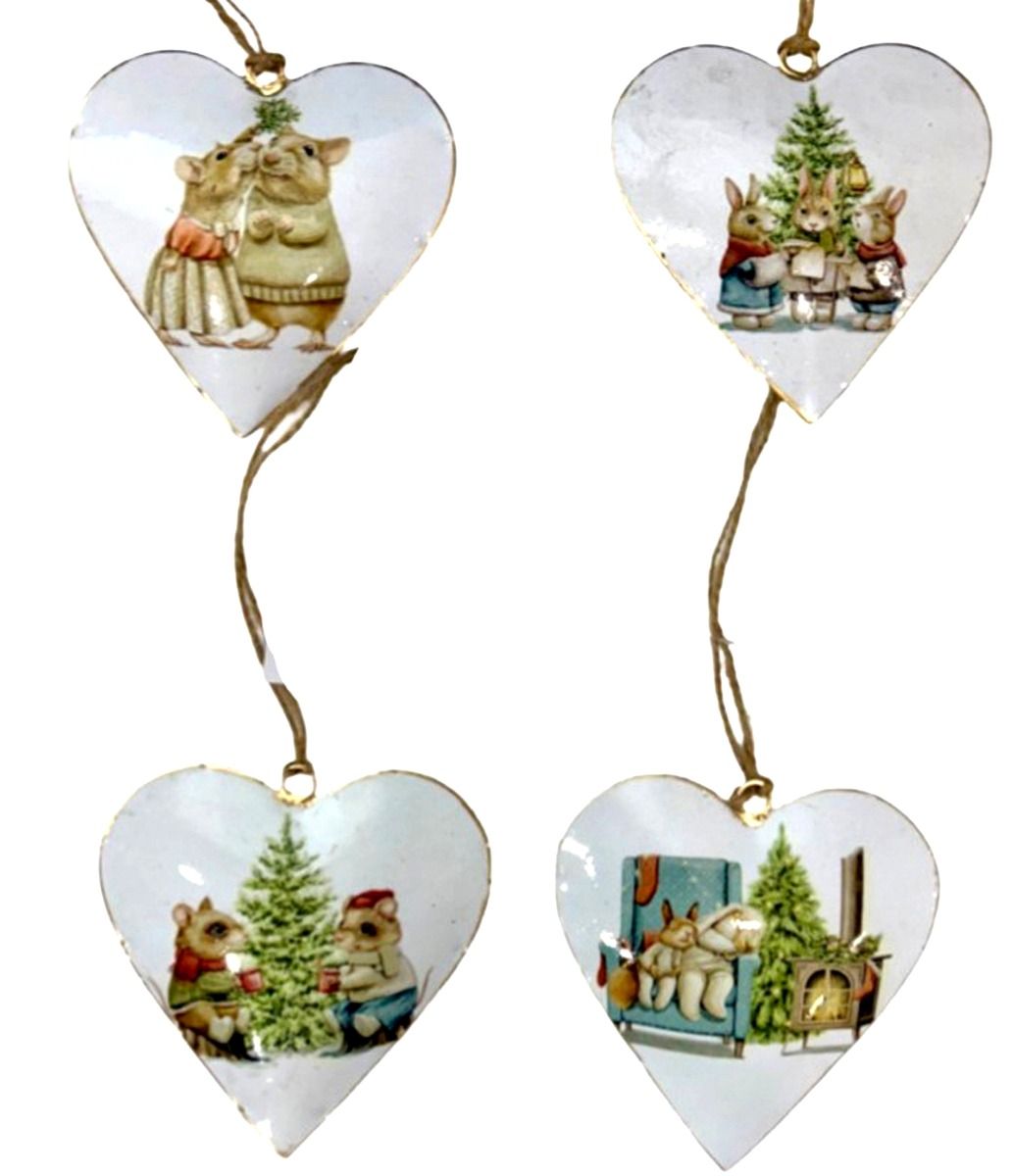 Set of 4 Hanging Hearts with Christmas Mice Design