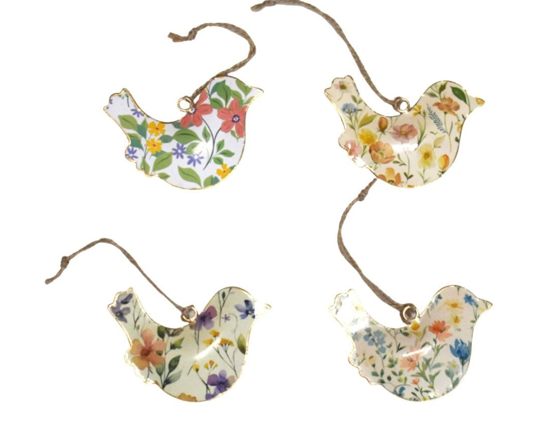 Set of 4 Hanging Birds with Wild Flowers
