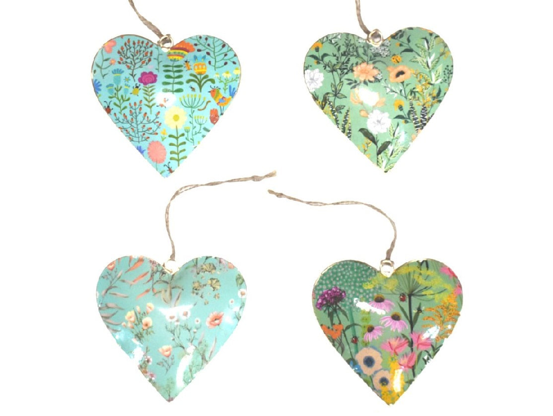 Set of 4 Turquoise and Green Flower Design Hearts