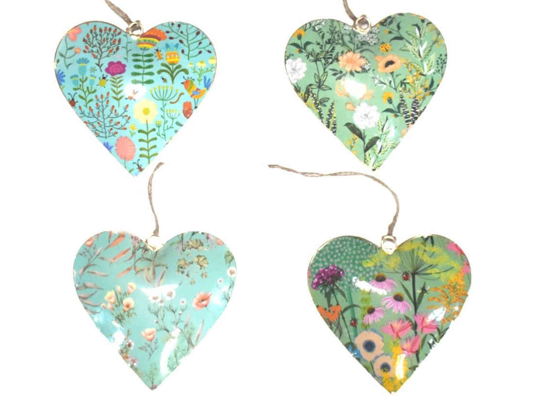 Set of 4 Turquoise and Green Flower Design Hearts