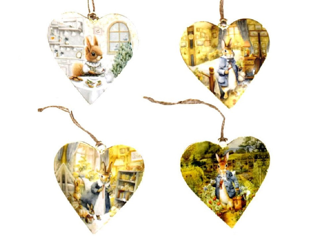 Set of 4 Hearts with Clothed Rabbits