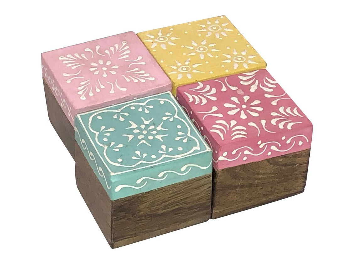 Set of 4 Hand Painted Small Wooden Boxes