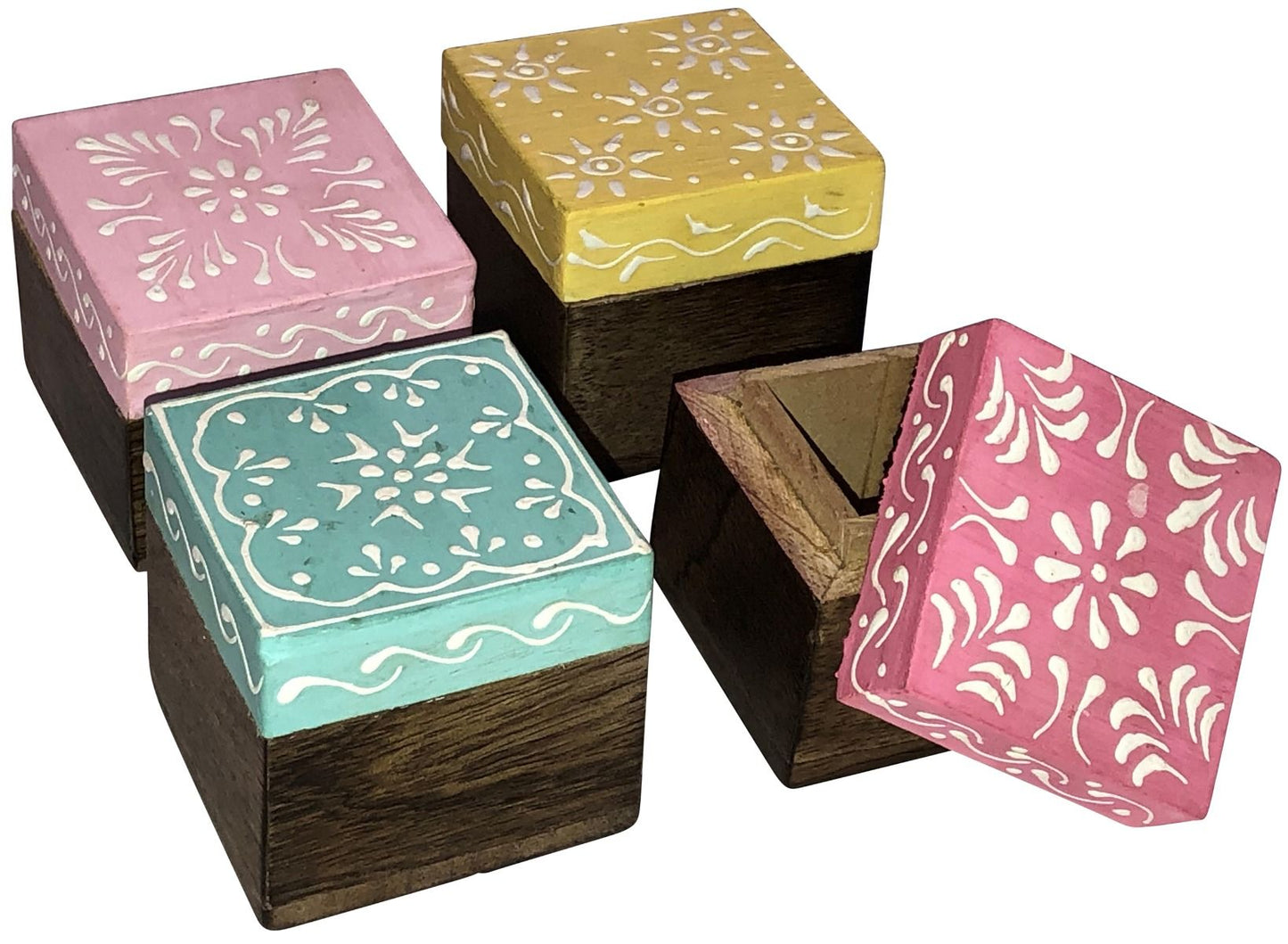 Set of 4 Hand Painted Small Wooden Boxes