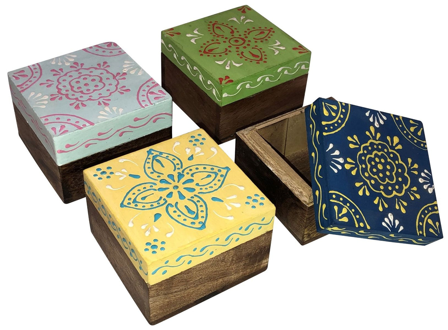 Set of 4 Hand Painted Medium Wooden Boxes