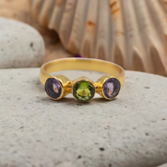 18 k Gold plated ring green/pink zirconia