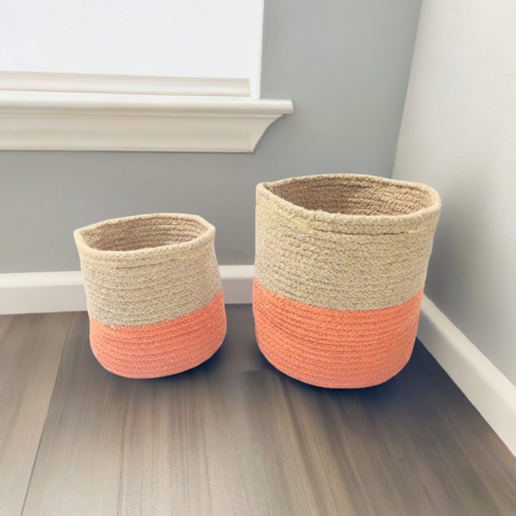Set of 2 Hand-woven Orange Baskets/Planters