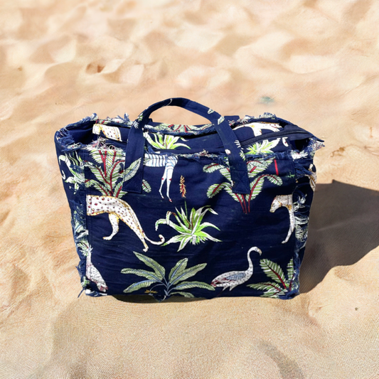 Cotton Jungle Print Tote Bag in Navy Blue