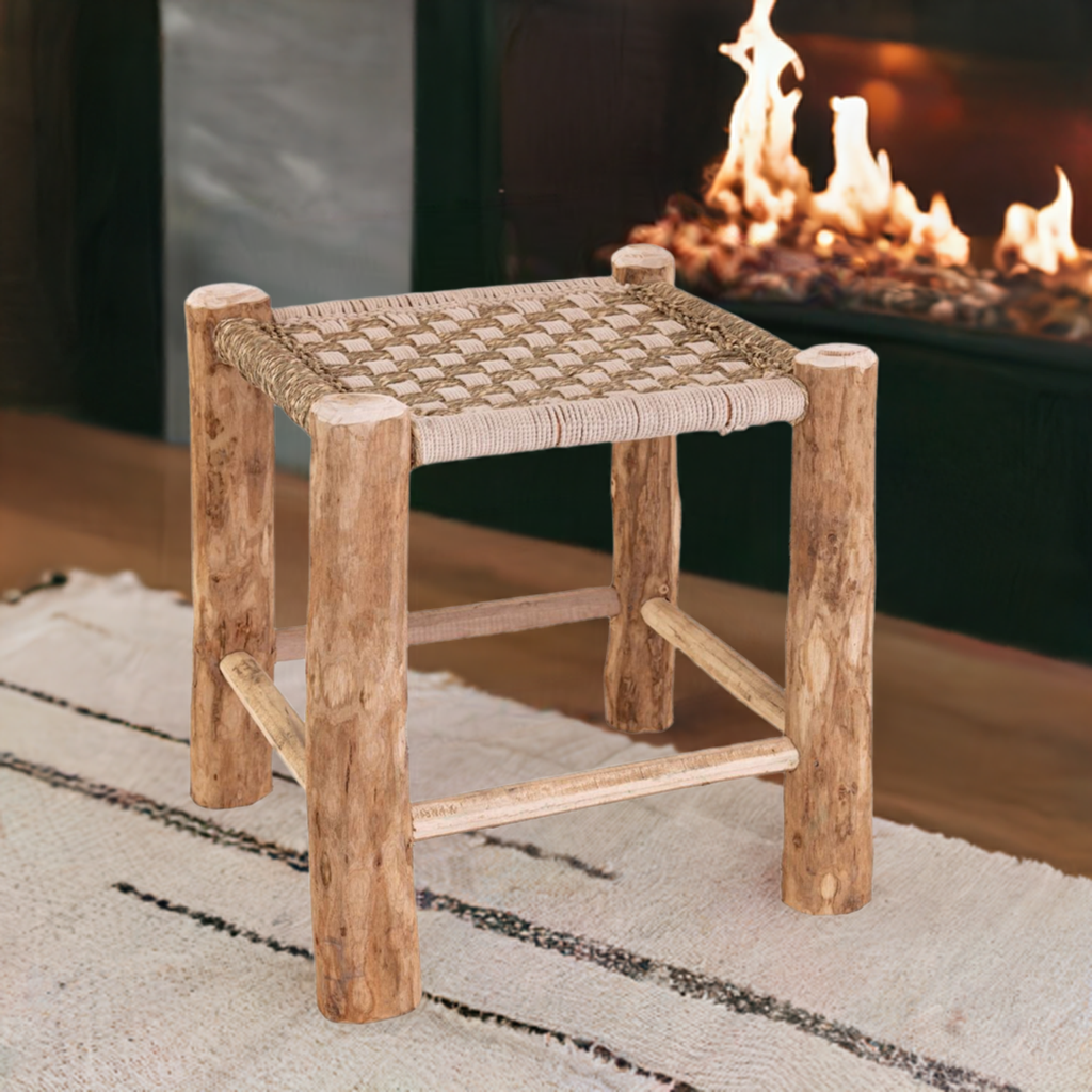 Hand-crafted Woven Natural & White Jute Stool