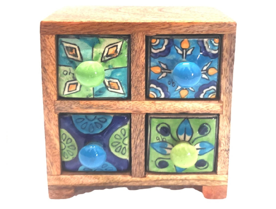 Green & Blue Wooden Four Ceramic Drawer Mini Chest