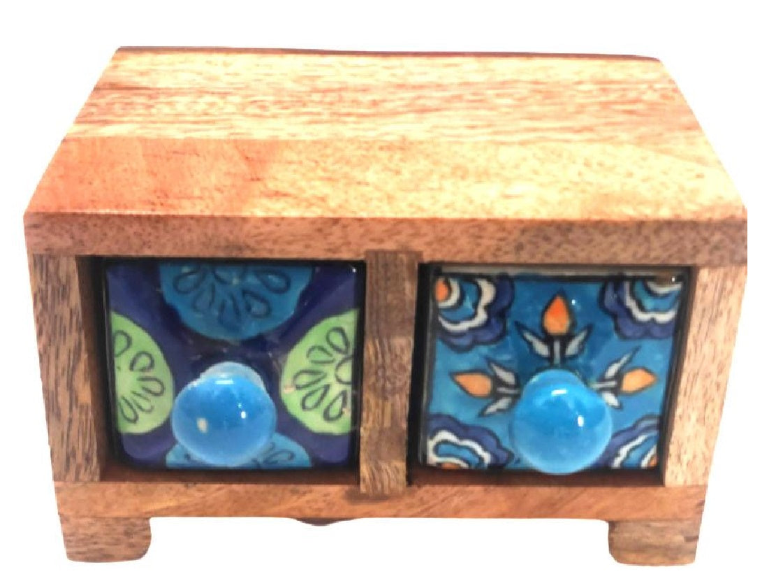 Green & Blue Wooden Two Ceramic Drawer Mini Chest
