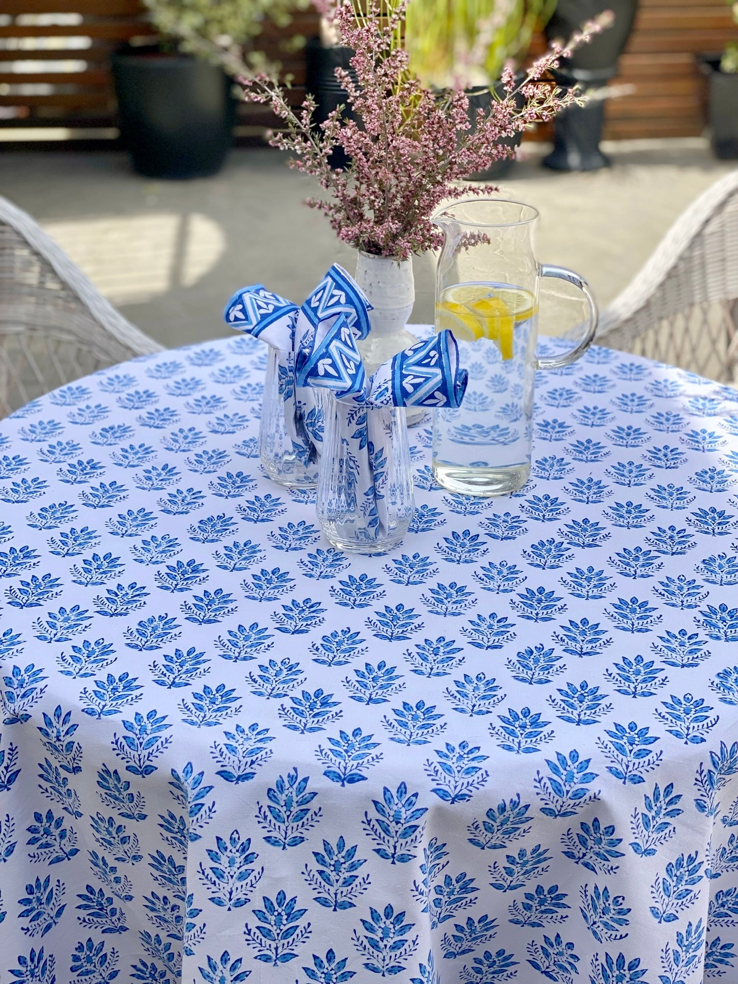Block Print Blue & White Small Round Tablecloth