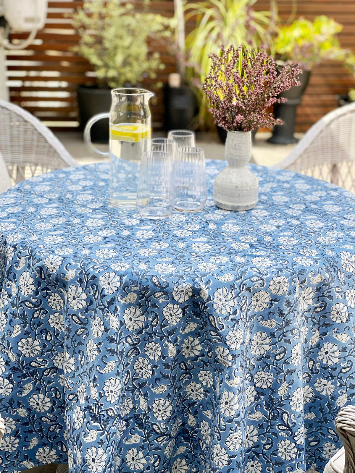 Block Print Denim Floral Small Round Tablecloth