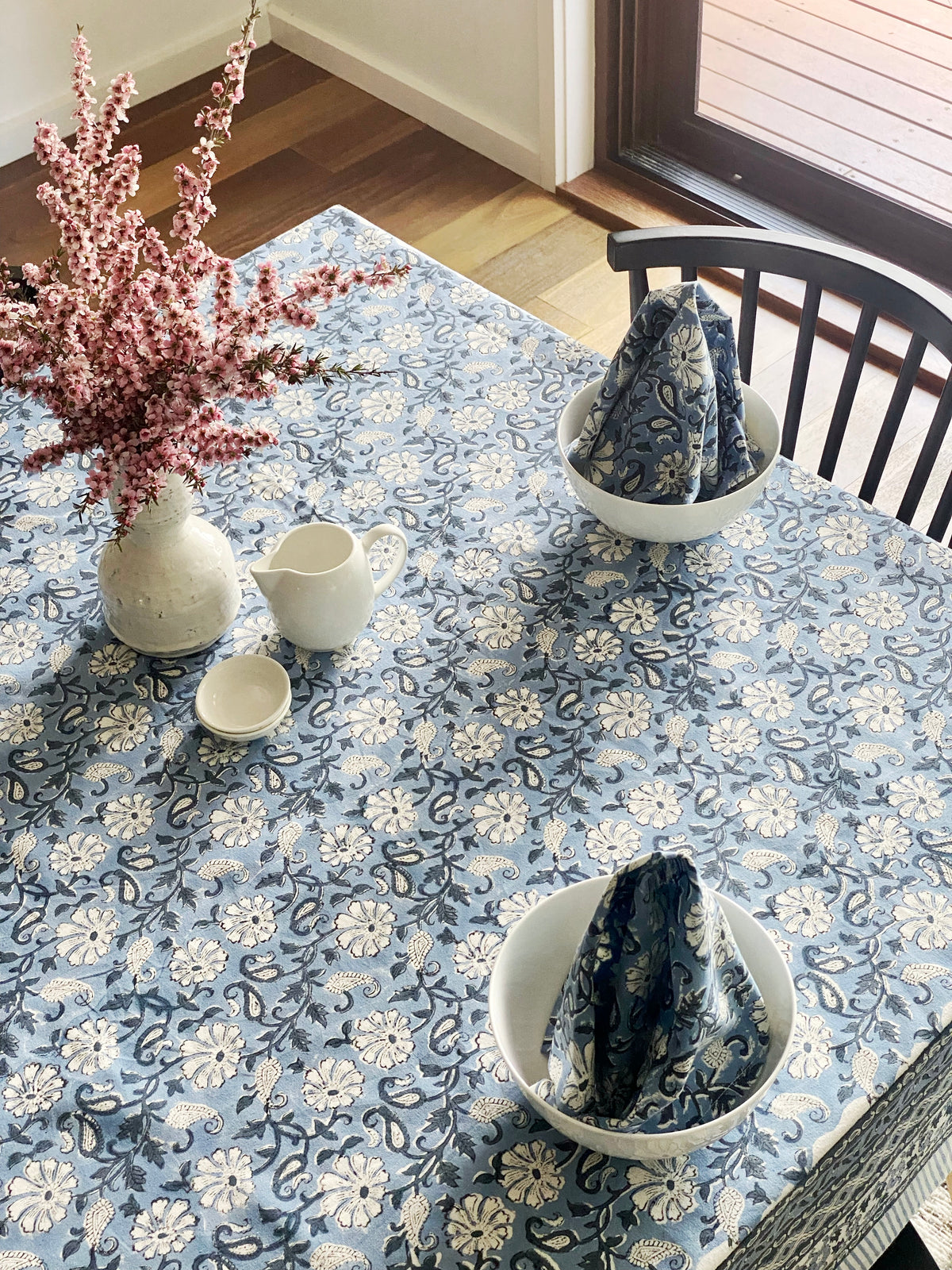 Denim Floral Block Print Small Tablecloth