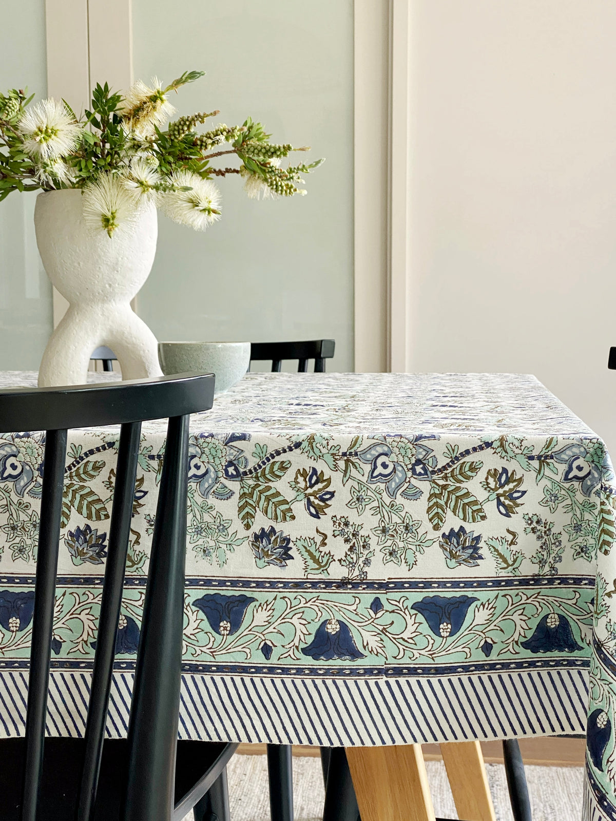 Blue Steel & Sage Floral Block Print Small Tablecloth