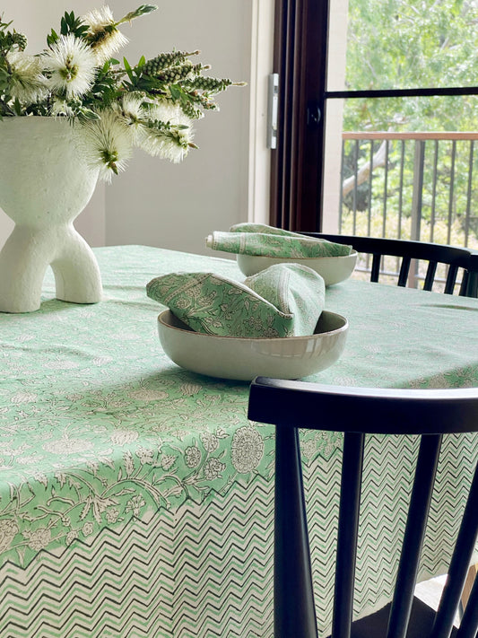Block Print Green & White Large Tablecloth