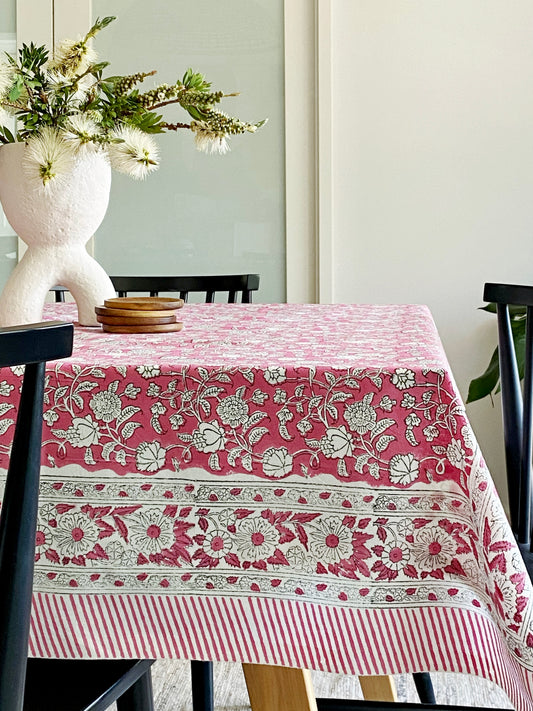 Block Print Pink & White Large Tablecloth