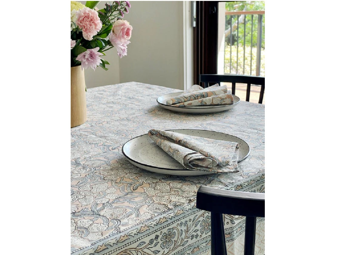 Light Salmon & Grey Floral Block Print Tablecloth