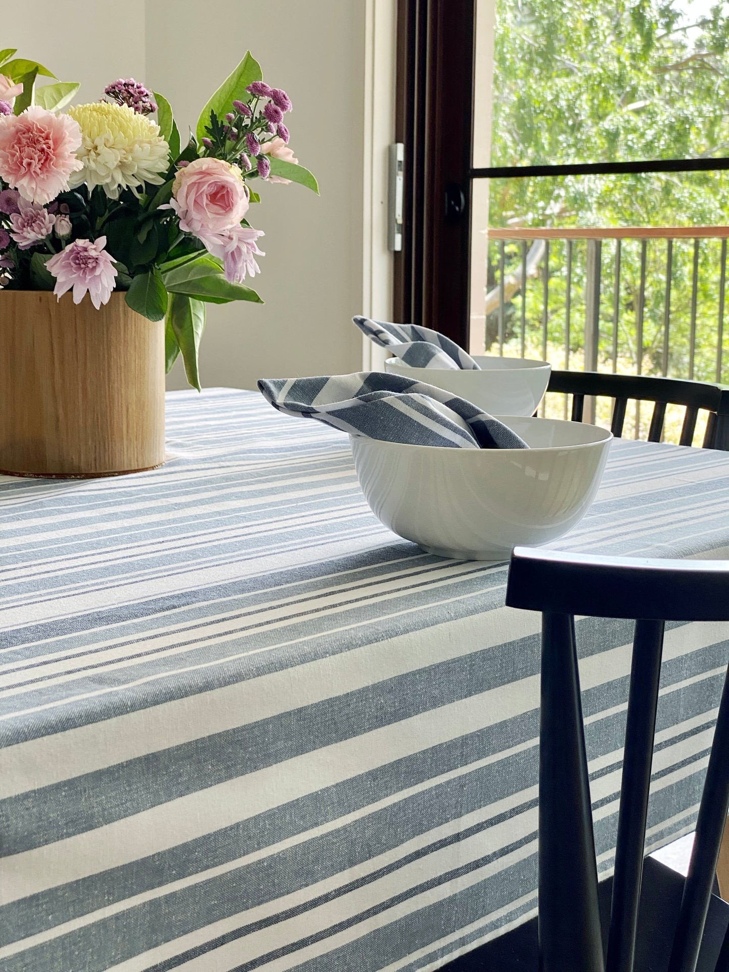 Blue Grey white Stripe Cotton Tablecloth