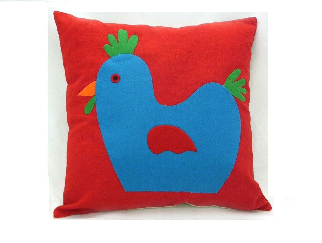 Cotton Red and Blue Chicken Cushion
