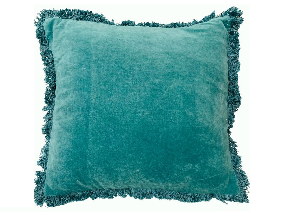 Cotton velvet cushion with fringes blue