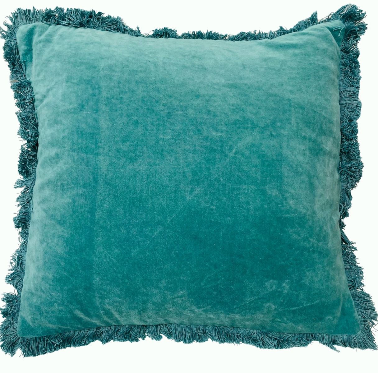 Fringed Velvet Cushion in Emerald Blue