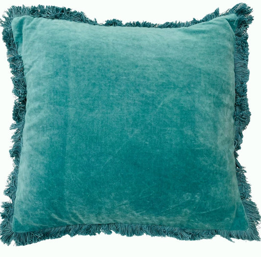 Fringed Velvet Cushion in Emerald Blue