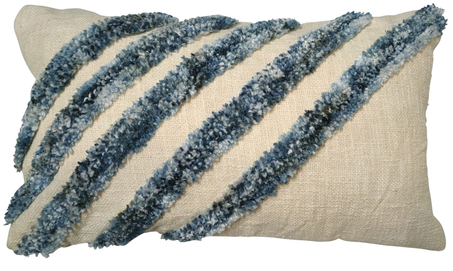 Woven Natural Cushion with Tufted Blue Stripes