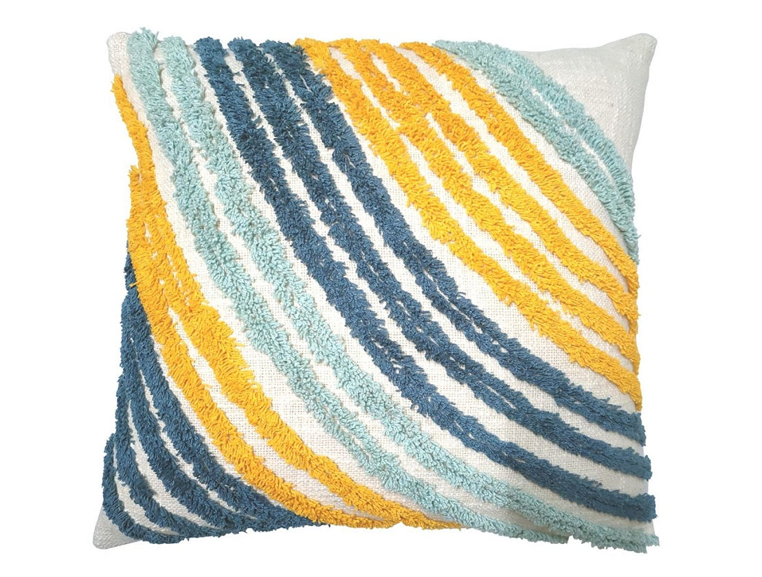 Cream cushion with blue/yellow tufted stripes