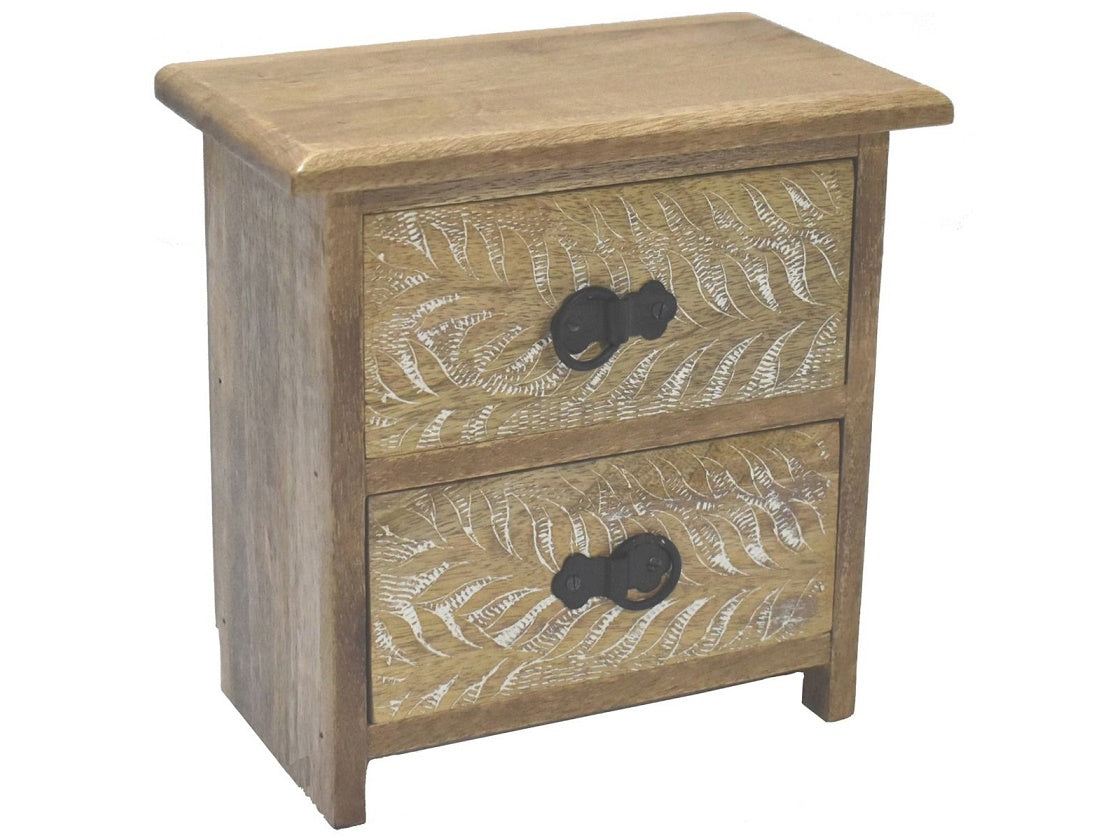 Wooden 2 Drawer Unit with Hand Carved Palm Design
