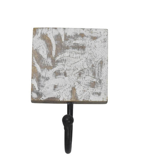 Wooden Single Wall Hook with Hand Carved Palm Design