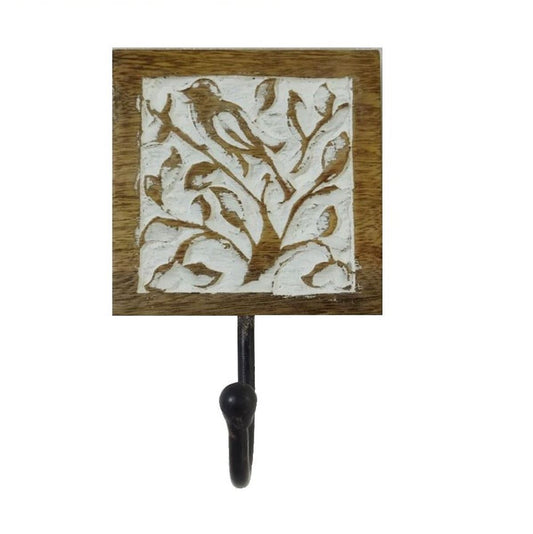 Wooden Single Wall Hook with Hand Carved Tree of Life Design