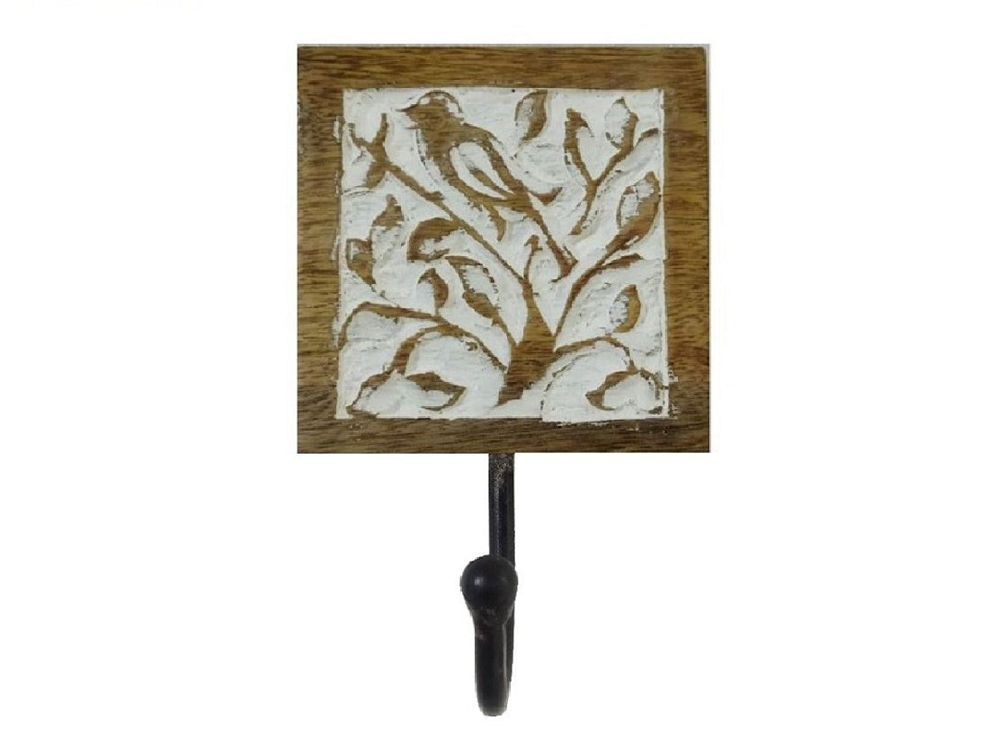 Wooden Single Wall Hook with Hand Carved Tree of Life Design