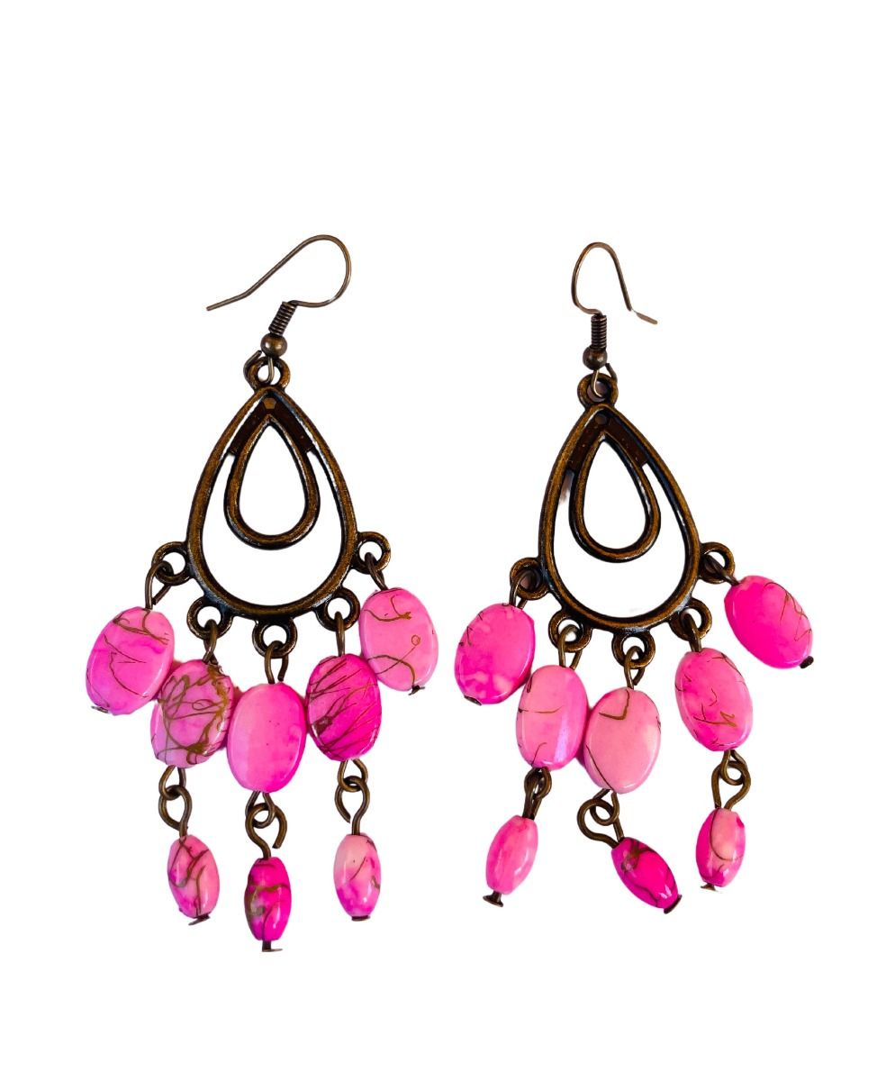 Hand Beaded Pink Stone Chandelier Earrings