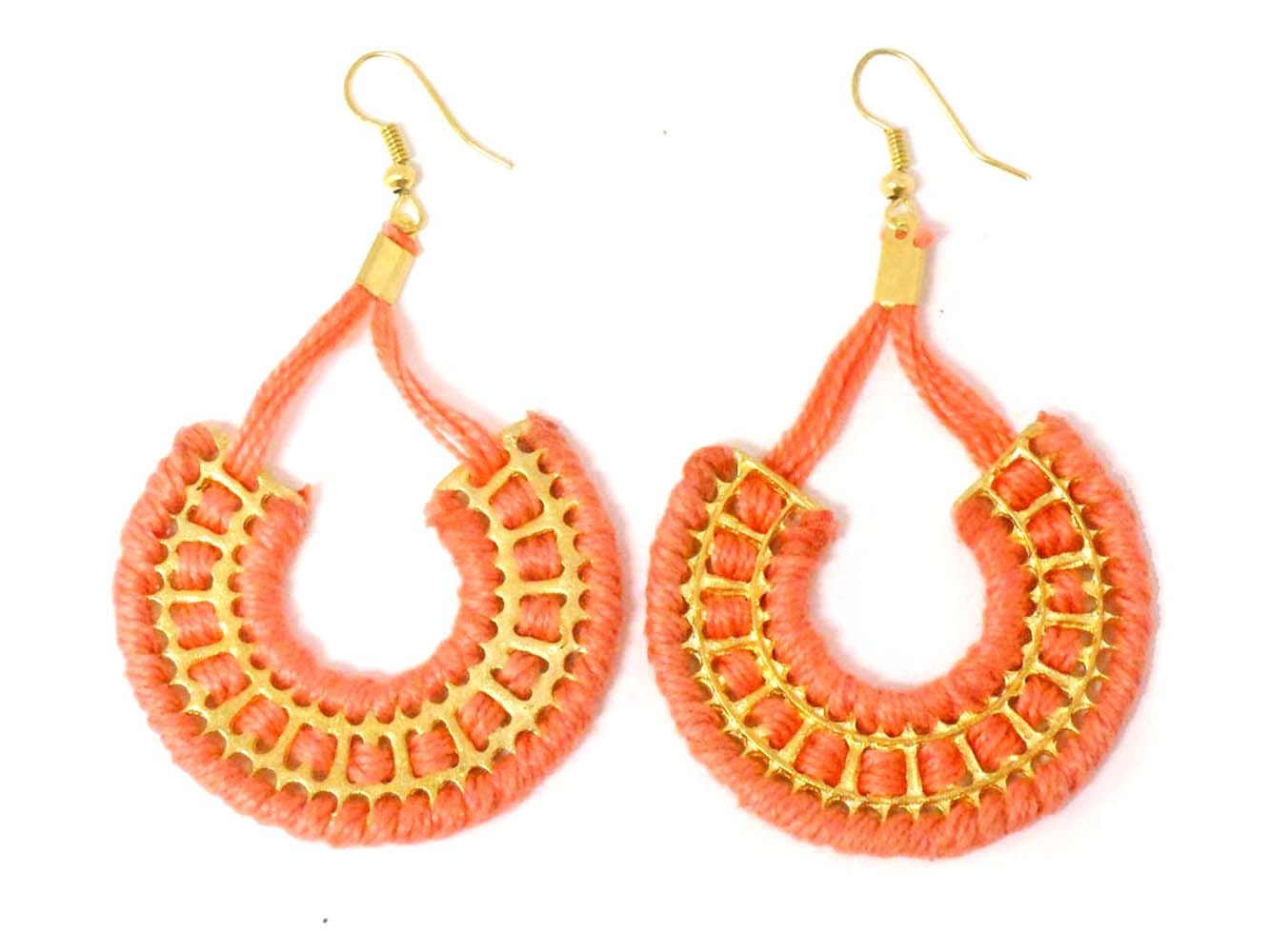 Salmon Pink Knitted Crescent Earrings