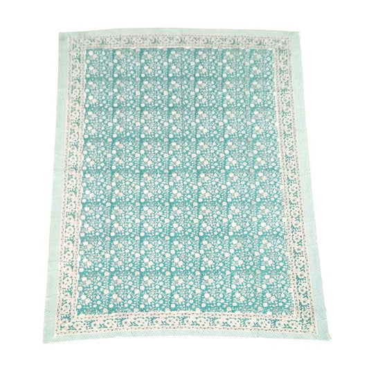 Large Rectangular Turquoise & Floral Block Print Tablecloth