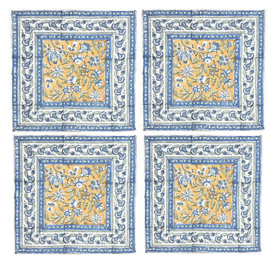 Set of 4 yellow and green block print tablecloth napkins