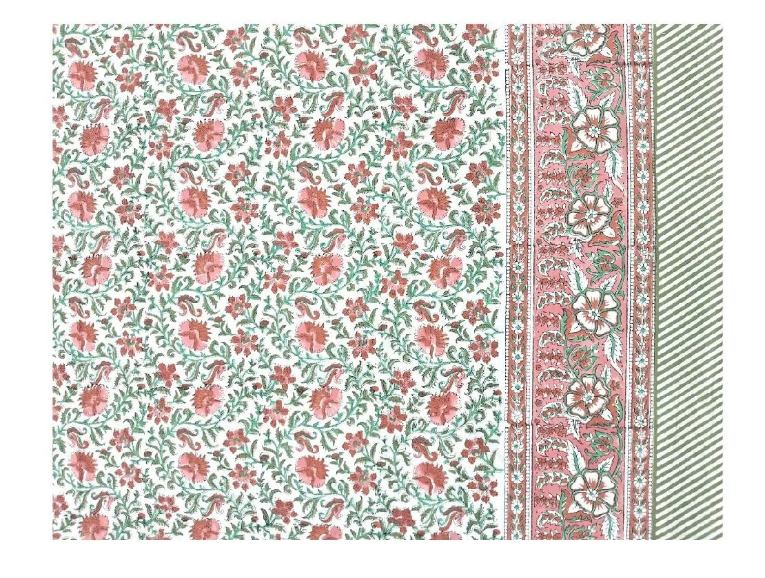 Pink and green floral block print tablecloth